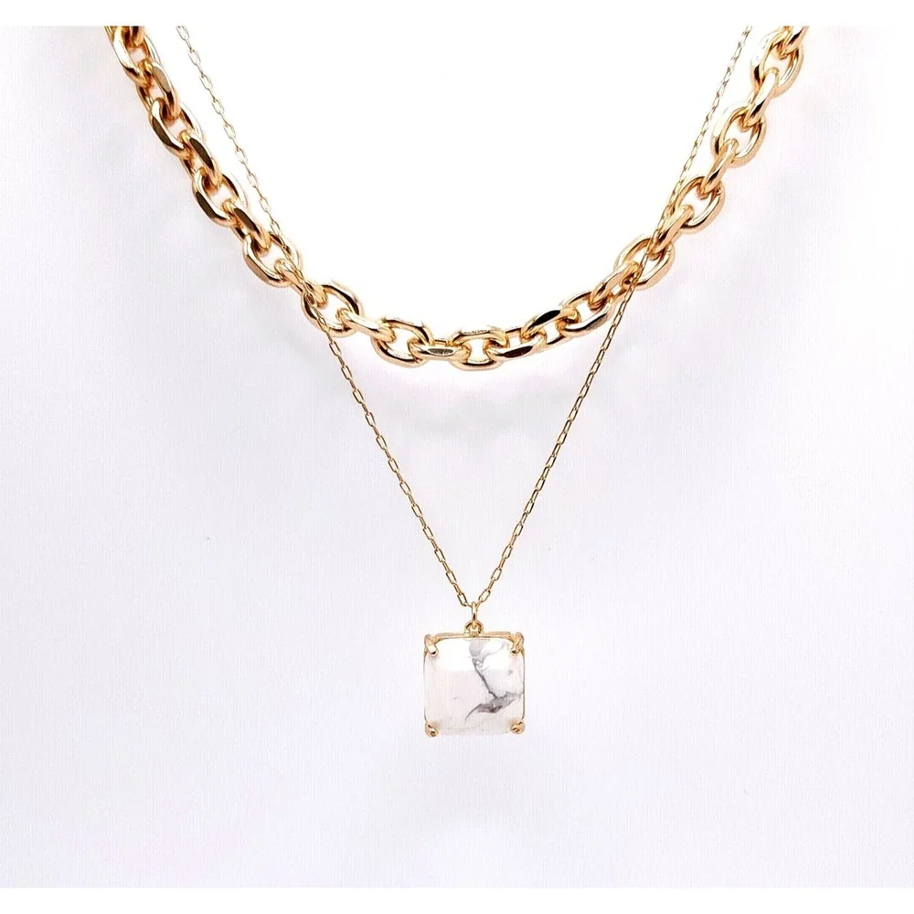 Simply Noelle Gold‎ Marble Pendant Necklace Layered Square Chain